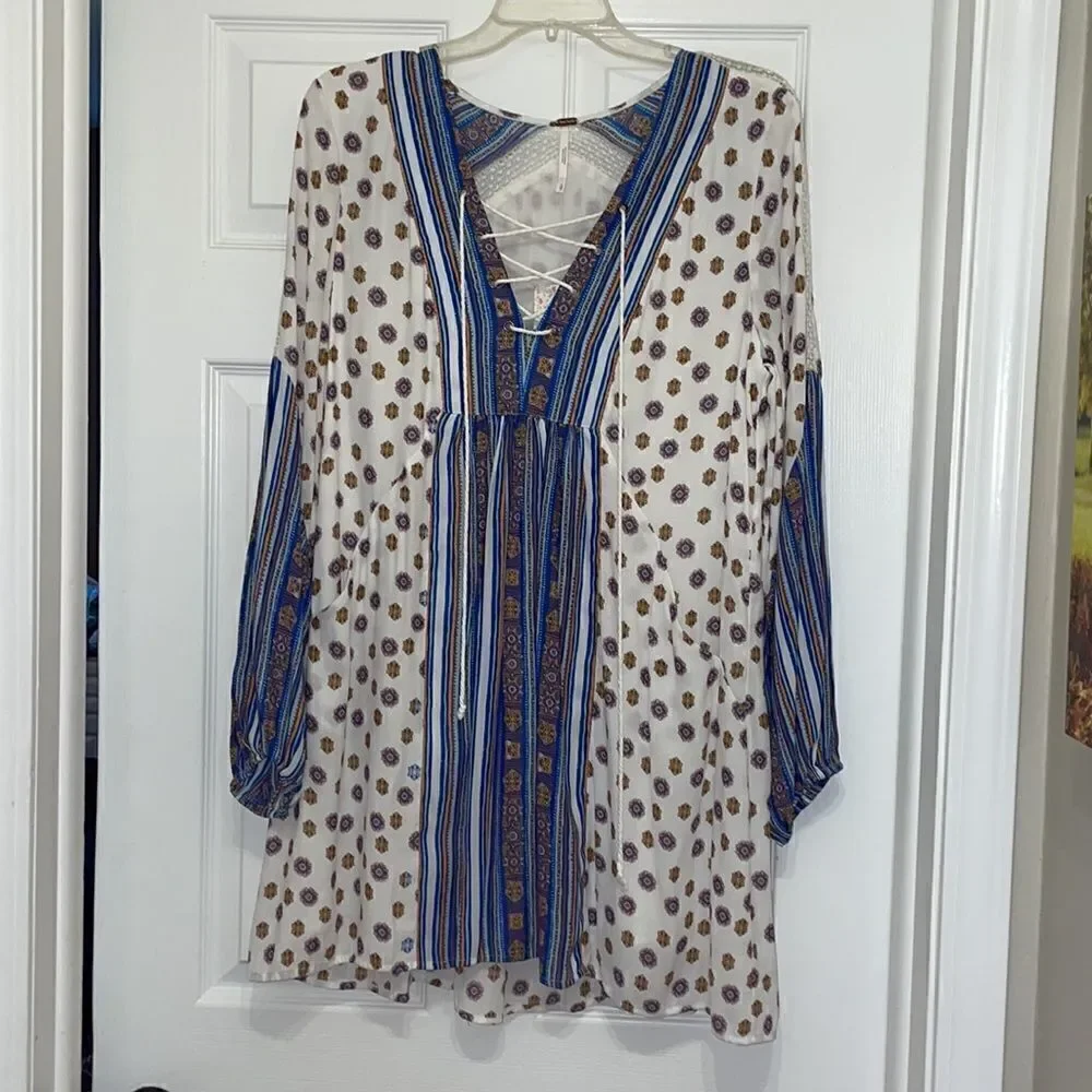 Free People Rain Shine Printed Lace-Up Swing Dress, NWT